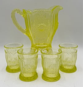 Vintage Mosser Glass Uranium Dahlia Pitcher & Cups