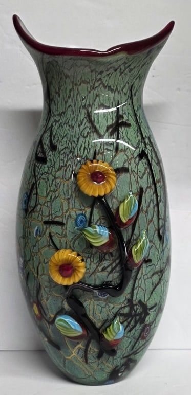 Beautiful Ann Primrose Murano Art Glass Vase: Beautiful Ann Primrose Murano art glass vase. Hand-blown and made in Venice, Italy. Designed by Ann Primrose, Cristalleria d'Arte. Vase features a crackled teal body with applied floral and millefiori