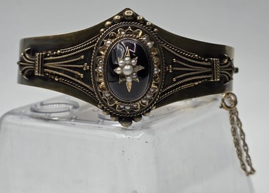 Vintage 14k Gold, Pearl, & Ruby Bangle - 26.0g TW