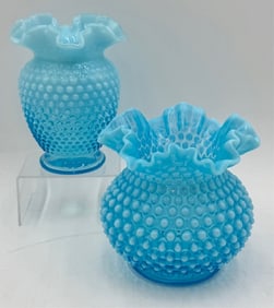 Pr. Fenton Style Ruffled Top Blue Hobnail Vases