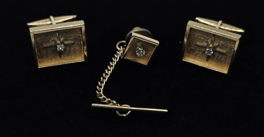 14k Diamond Cufflinks & Tie Tack - 10.79g TW
