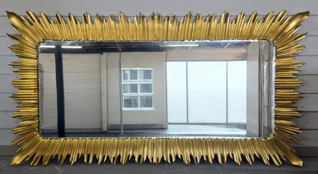 XLG Art Deco Style Gilded Sunburst Dressing Mirror: Extra large art deco style gilded sunburst dressing mirror. Floor standing or wall hanging. From the Versailles Collection. Mirror has some age marks present. Approximately 90" x 48". Photos are