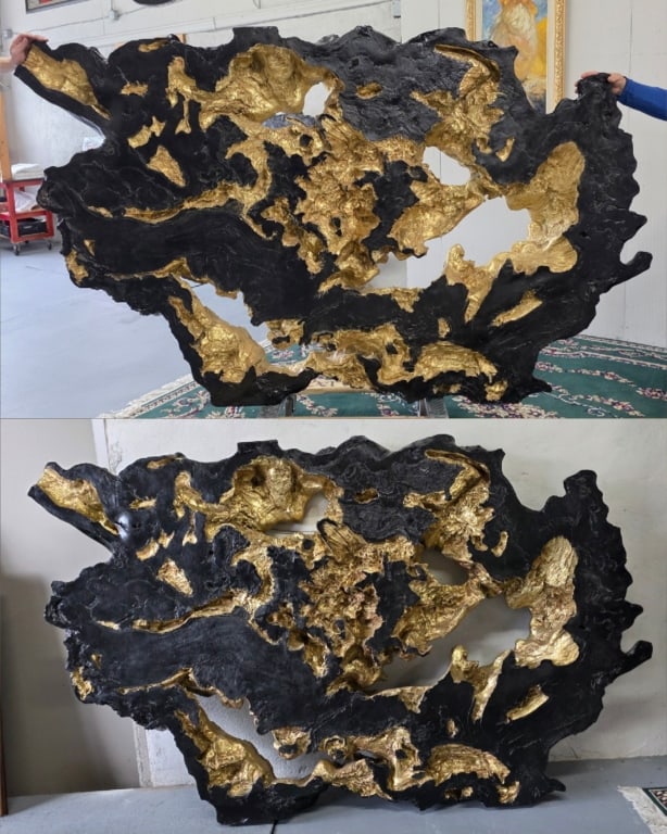 Pair of Fiberglass Burled Root Abstract Wall Art: Pair of fiberglass burled root abstract wall art. Black and gold finish. Large and heavy. Two hanging hooks for optional hanging placements. Approximately 61"h x 93"w. Photos are considered part