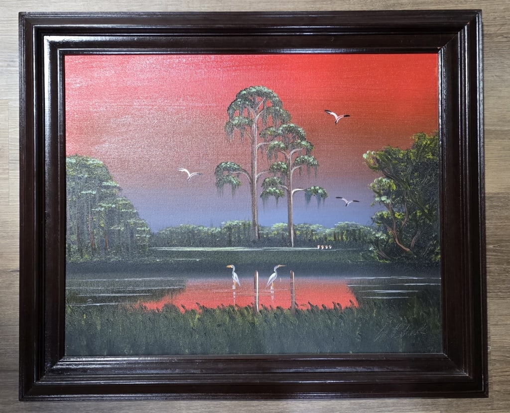 Al Black Florida Highwayman Oil on Canvas: Signed Al Black Florida Highwaymen oil on canvas. Features stunning fire sky over a Florida marsh scene. Frame scratched. Approximately 25.25"h x 29.25"w. Photos are considered part of the