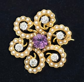 14k Diamond, Pearl, & Amethyst Brooch - 7.9g TW