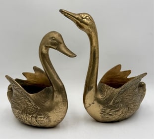 Pair MCM Brass Swan Planters