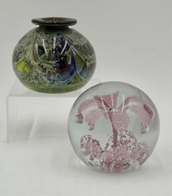 Beautiful Art Glass Paperweight & Signed Bud Vase