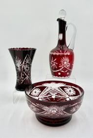 3pc Bohemian Red Cut to Clear Glass Collectibles