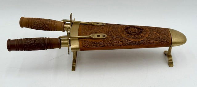 Vintage Carved Wood & Brass Carving Set