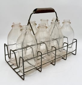 Vintage Metal Milk Bottle Carrier & Bottles
