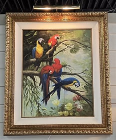 Ray Jacobs Framed Parrots Oil on Canvas