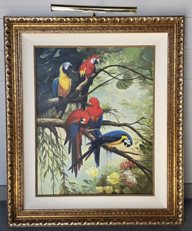 Ray Jacobs Framed Parrots Oil on Canvas - 2