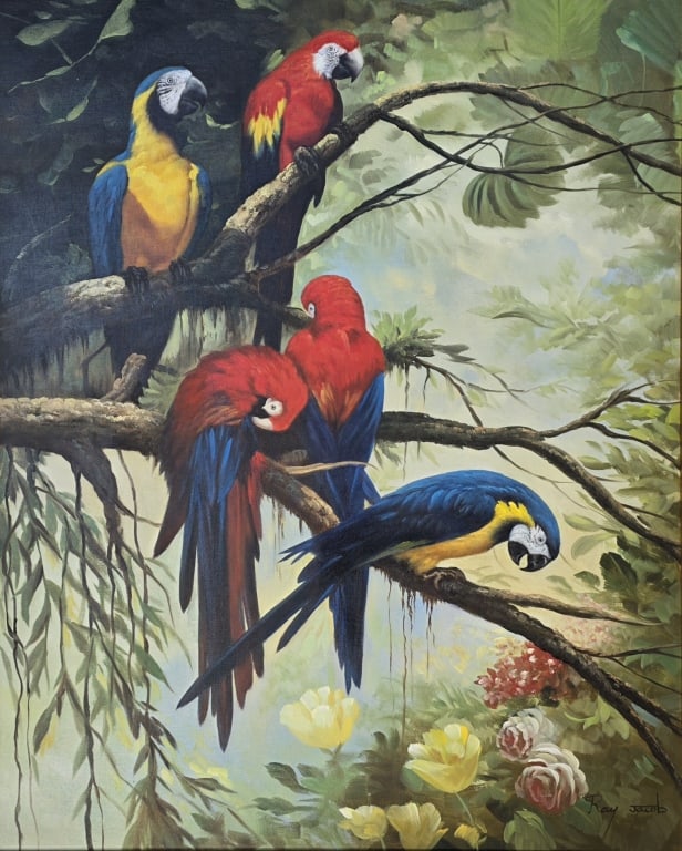 Ray Jacobs Framed Parrots Oil on Canvas - 3