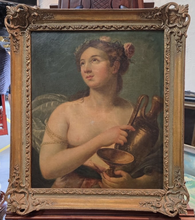 Antique Framed Hebe Portrait Oil on Canvas: Antique portrait of the depiction of Hebe, the Greek goddess of youth. Framed oil on canvas. No signature. Age cracks present in paint. Approximately 30"h x 26"w. Photos are considered part of