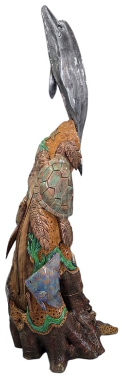 Stunning Large Teak Wood Sea Life Sculpture: Stunning large teak wood sea life sculpture . Sculpture features tropical fish, sea turtles & a dolphin at the top. Hand painted with metallic colors and high gloss finish. Some natural unpainted