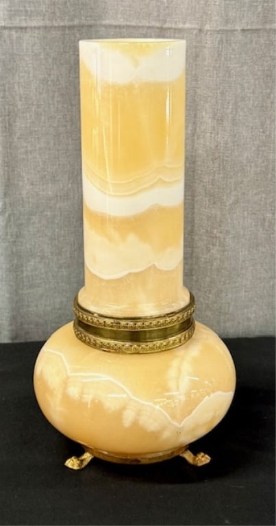 Vintage Natural Onyx Table Lamp: Vintage natural onyx table lamp. Two pieces with single lightbulb. Brass paw feet. In working condition. Plug on/off. Approximately 11"h. Photos are considered part of the condition and
