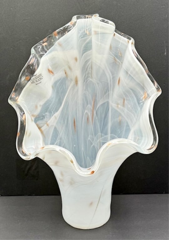 Stunning Murano Art Glass Handkerchief Vase: Stunning Murano art glass handkerchief vase. Hand blown with ruffled asymmetrical shape. Features white opaline ground color with delicate clear glass edges and speckled of gold throughout. Excellent