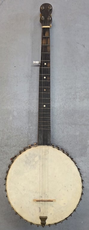 Vintage 5 String Open Back Banjo: Vintage 5-string open-back banjo. Maker unknown. Some wear on wood. Approximately 34" long. Photos are considered part of the condition and description. 707-1