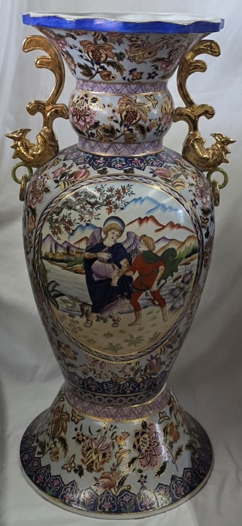 Large 2 Piece Asian Floor Vase: Large two piece Asian floor vase. Ornately decorated porcelain featuring extensive gold accents and a hand painted biblical scene. Approximately 35"h. Photos are considered part of the condition