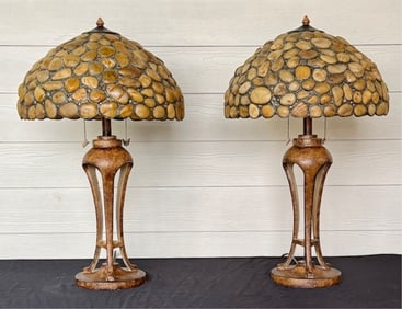 Pr. Leaded River Rock Stone Shade Table Lamps