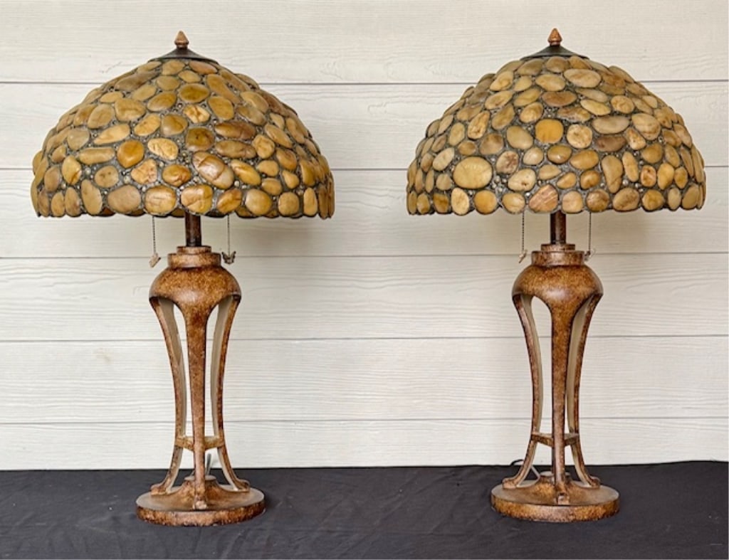 Pr. Leaded River Rock Stone Shade Table Lamps: Pair of unique leaded river rock stone shade table lamps by Colour Creations. Dual lite with butterfly pull chain on/off. In working condition. Approximately 30"h x 18"w. Photos are considered