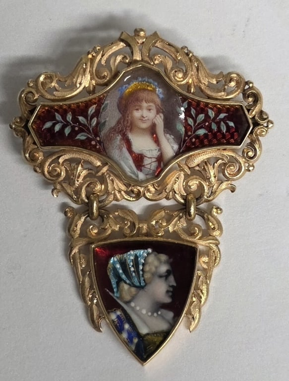 Antique 18K Swiss Enamel Portrait Pin - 15.93g: Antique 18k yellow gold enamel portrait pin. Features dual drop style design with enamel portraits of females on both upper and lower section of pin. Ornate scrolling accents surrounding enamel