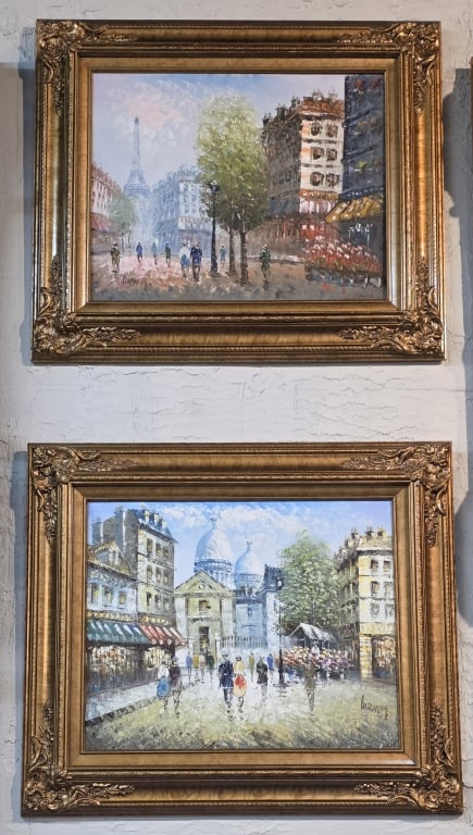 Pair of Caroline Burnett Signed Oil on Canvas: Pair of Caroline Burnett signed oil on canvas paintings. Both feature Paris street scenes in vivid and cheerful colors. Ornate gilt wood frames. Approximately 24"h x 27"w. Photos are considered