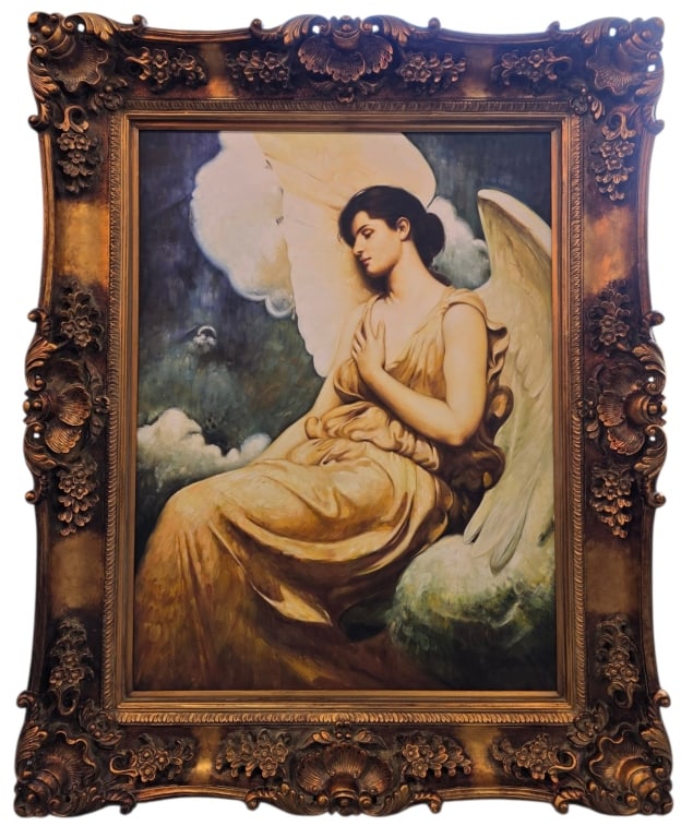 "Winged Figure" After Abbott Handerson Thayer: Framed "Winged Figure" print after Abbott Handerson Thayer. Signed Louis. Gilded wood frame. Approximately 63"h x 50"w. Photos are considered part of the condition and description. 817