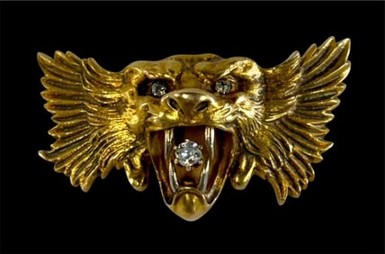Antique 14k Diamond Lion's Head Brooch - 19.3g TW