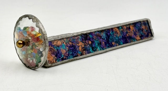 Vintage Stained Glass Kaleidoscope: Vintage stained glass kaleidoscope. Features triangular barrel with opalescent stained glass sides. Fused glass wheel filled with colorful glass chips. Handcrafted with lead. Approximately 9.5"l. Phot