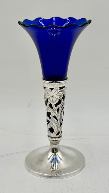 Art Nouveau Sterling Silver & Cobalt Trumpet Vase (1 of 16)