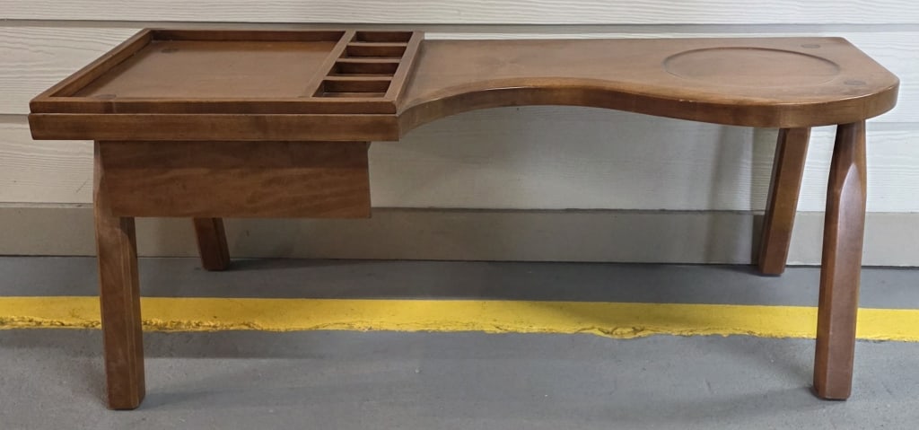 Statton Trutype Colonial Style Cobbler's Bench: Vintage Statton Trutype colonial style cobbler's bench. Features single storage drawer and divided working area on top. In excellent condition for age. Approximately 16"h x 41"w x 16"d. Photos are con