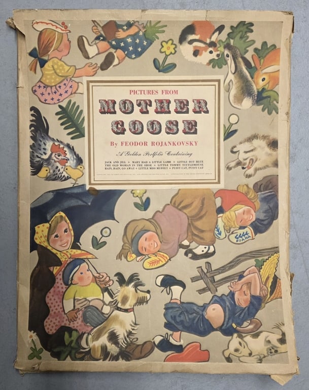 Mother Goose Portfolio Color Lithographs: Pictures from Mother Goose portfolio of eight color lithographs by Feodor Rojankovsky and published by Simon and Schuster in 1945. Included Rhymes: Jack and Jill, Mary Had a Little Lamb, Little Boy Bl