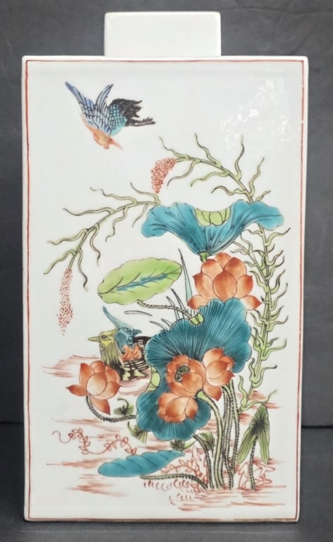 Vintage Hand Painted Porcelain Chinese Tea Caddy: Vintage hand painted porcelain Chinese tea caddy. Decoration depicts a vibrant scene of a lotus pond with various flowers and birds. No lid. Small chip present on top. Approximately 10.5"h. Photos are