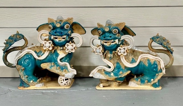 Pair of Painted Clay Foo Dogs (1 of 16)