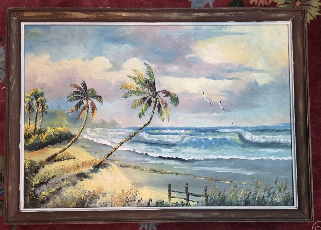 Org. Highwaymen Hezekiah Baker Oil on Board: Original Florida Highwaymen Hezekiah Baker painting. Signed oil on board. Painting features palm trees bending in a strong breeze over sandy dunes and grass. Large, rolling waves crash onto the shore