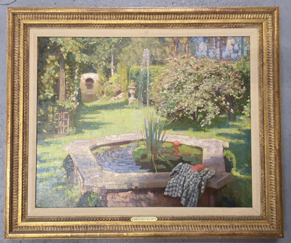 Harold Speed Framed Oil on Canvas: Harold Speed framed oil on canvas. The painting depicts a fountain in a garden. Gilded wood frame. Metal name plaque, "Harold Speed 1872-1957". No signature visible. Approximately 26"h x 31"w. Photos