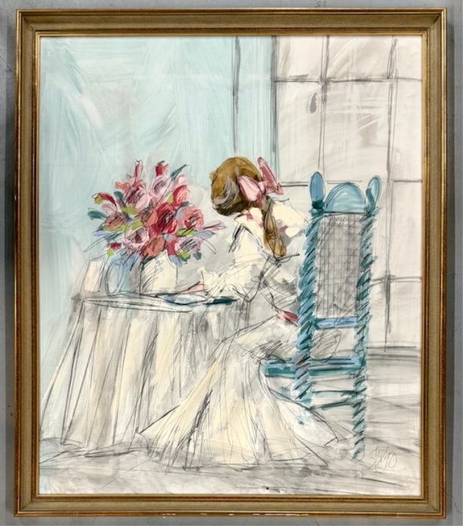 Jerry Sic 'Jeanette' Framed Mixed Media Art: Jerry Sic 'Jeanette' framed mixed media art. Artwork depicts a young female seated at a table with a vase of flowers. Signed in lower right corner. Gilded frame and acrylic glazing. Artwork has not be