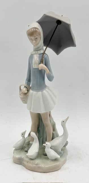 Retired Lladro "Girl with Umbrella & Geese": Retired Lladro "Girl with Umbrella and Geese" figurine. Model number 4510. First issued in 1969 and retired 1193/1994. Glazed finish with matte umbrella, 2 spots and small minor chip present on umbrel