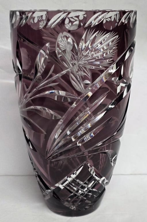 Bohemia Amethyst Cut to Clear Crystal Vase: Beautiful Bohemian amethyst cut to clear crystal vase. Features a deep intricate hand cut pattern. Excellent condition with no chips or cracks. Approximately 10.5"h. Photos are considered part of the