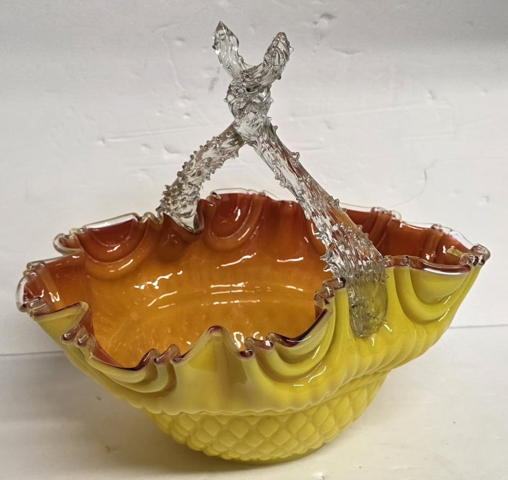 Stevens & Williams Style Art Glass Tomato Basket: Stevens & Williams style Victorian art glass tomato basket. Beautiful opaque yellow and orange cased glass with twisted "thorn" style handle and ruffled rim. In excellent condition with no known chips