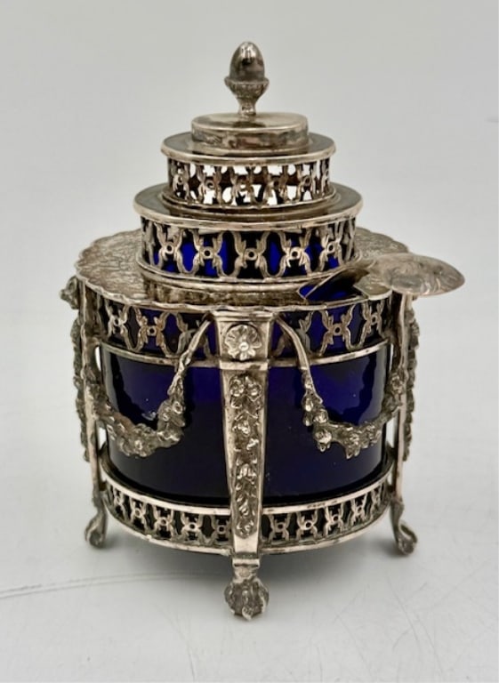 Antique Dutch Cobalt Mustard Jar w. Sterling Spoon (1 of 17)