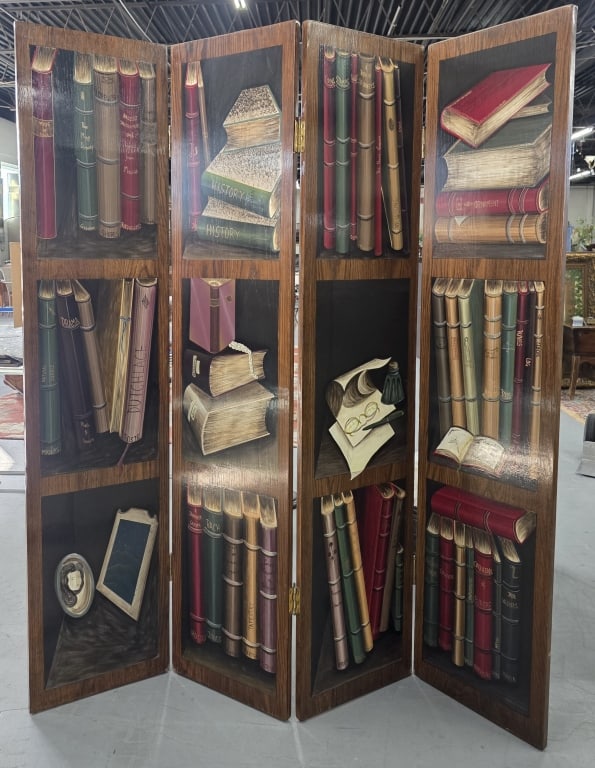 Trompe L'oeil Painted Library 4 Panel Screen (1 of 4)