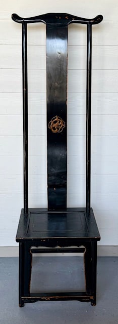 Distressed Black Elmwood Chinese Ming Tall Chair: Distressed black elmwood Chinese Ming tall chair. Hand carved elements with distressed finish applied by hand. Approximately 71"h x 20.5"w x 17.5"d. Photos are considered part of the condition