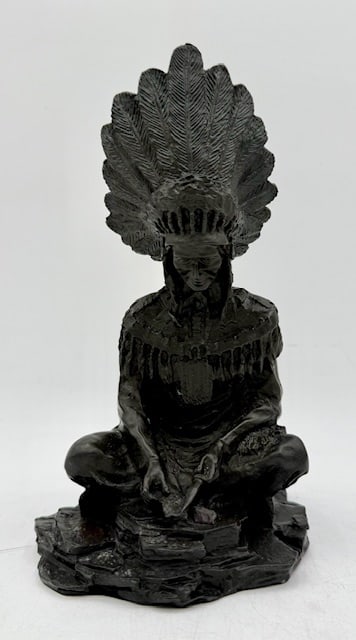 Carl Kauba Native American Bronze Sculpture: Carl Kauba Native American Bronze Sculpture. Features Seated Native American Wearing A Head Dress. Kauba Marked On Base. Approximately 10.25"h. Photos Are Considered Part Of The Condition And