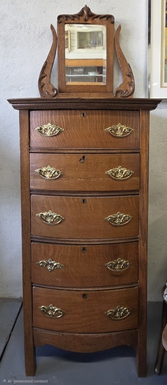 Antique Mirrored Tiger Oak Lingerie Chest: Antique tiger oak highboy dresser/ lingerie chest. Features five drawers, with ornate brass hardware and upper mirror. One drawer missing one pull. Mirror has age marks present. In good condition