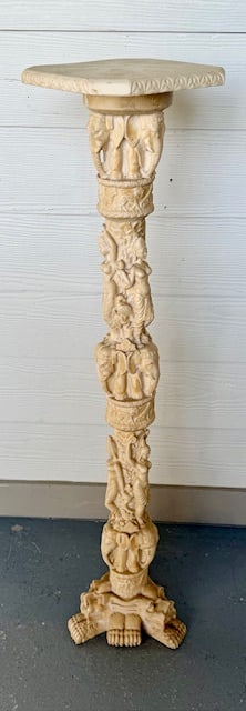 Hindu Nudes and Elephants Pedestal Plant Stand: Vintage Hindu nudes and elephants pedestal plant stand. Heavy casted resin. Detailed pedestal features female dancers and elephants and detailed dragon feet. Removable top features dragon and