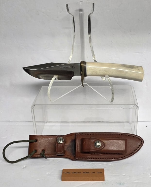 Custom Randall Model 23 Gamemaster Knife: Custom Randall made model 23 gamemaster knife. Knife features thumb notch on top of blade in front of hilt, brass single hilt, stag handle, and stainless steel blade. Accompanied by model A Randall ma