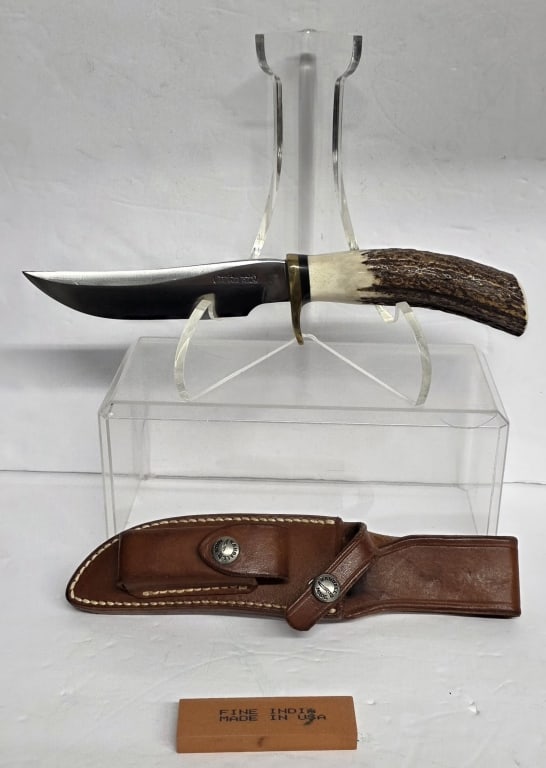 Randall Made Model 4 Big Game Skinner Knife: Randall Made Model 4 Big Game Skinner knife. Features brass single hilt and stag handle. Accompanied by model A Randall made leather sheath and whetstone. Made in Orlando, Fl. Knife approximately 10"