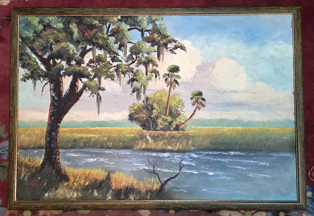 Highwaymen Hezekiah Baker Signed Painting: Original Florida Highwaymen Hezekiah Baker Painting. Signed Oil On Board. Painting Depicts A Classic Florida Wetland Marsh With A Large Oak Tree Draped In Spanish Moss And Palm Trees. Approximately 26